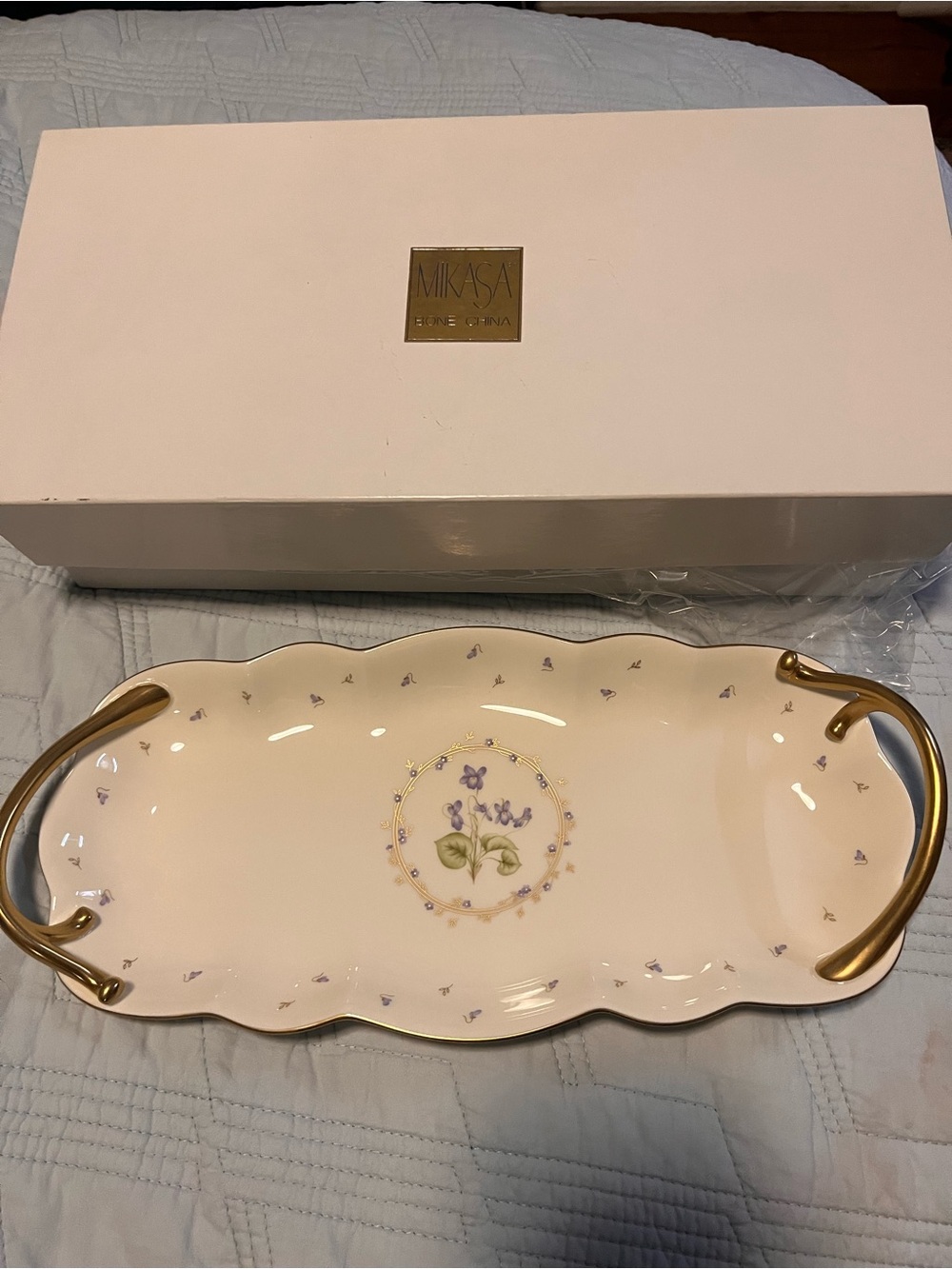Mikasa Cream Porcelain Serving Tray with Purple Floral Design and Gold Handles